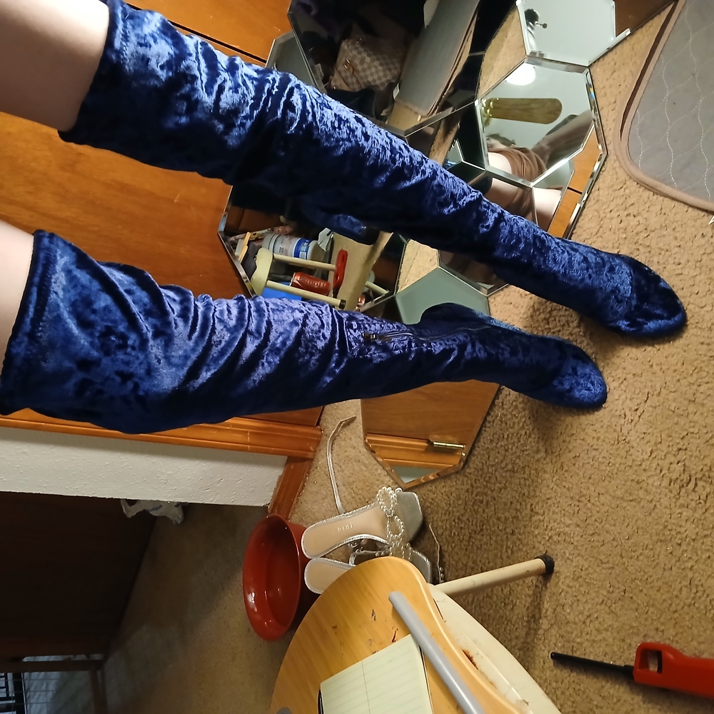 Velvet Thigh High Boots in Deep Blue